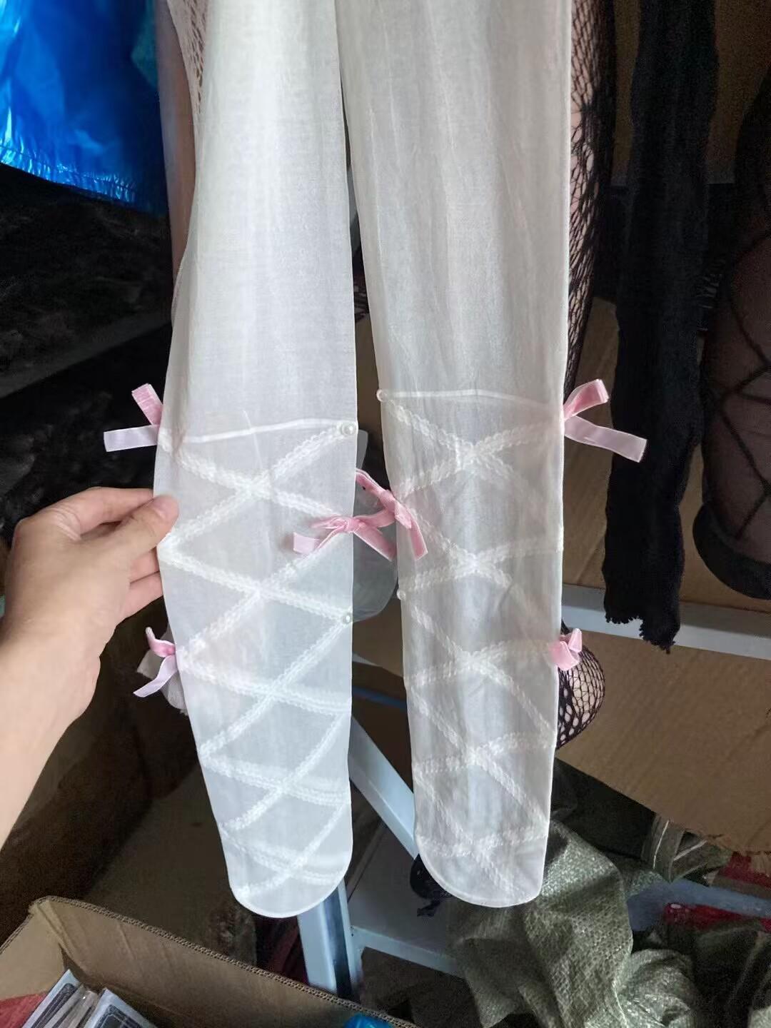 Women s Rhinestone Bow Pantyhose - Summer Lolita Style, Anti-snag, Milk White