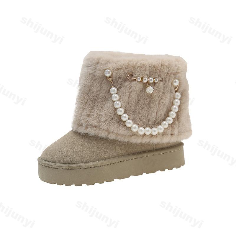 Fashion Women Snow Boots 2025 Winter Plush Warm Anti Slip Comfortable Ankle Boots Fluffy Round Toe Platform Pearl Chain Cotton Boots