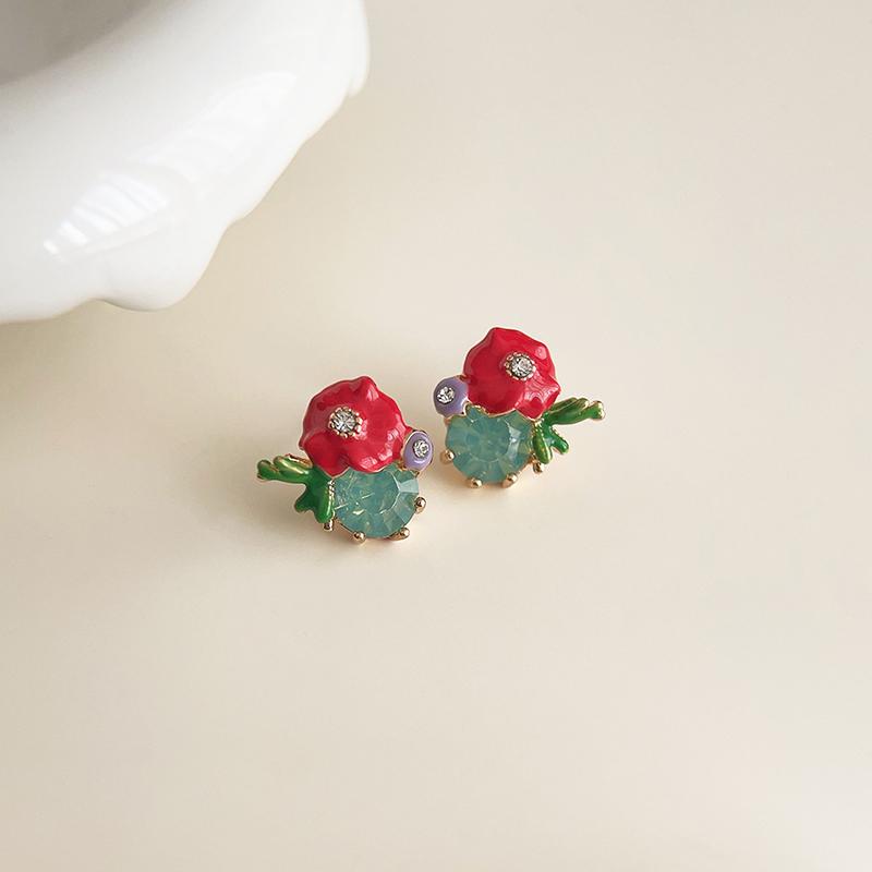 Dripping Enamel Flower Series Real 925 Silver Gold Plant Stud Earrings For Women Small Niche Accessories