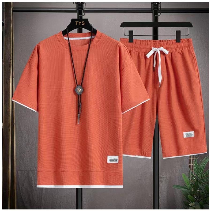 Waffle Short Sleeve Summer Casual Sports Men's Round Neck Sweatshirt Set Men T-shirt Shorts Two-piece Sets Male
