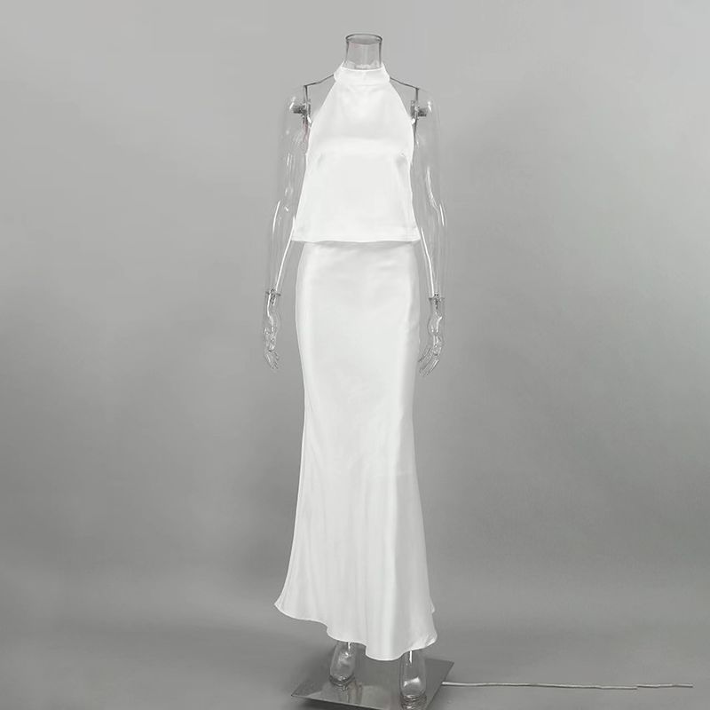 

Western Style Sexy Halter Top Fishtail Skirt Set Hanging Neck Vest Half Skirt Set White L