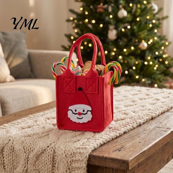 Thickened Felt Snack Carrier Christmas Candy Bag, Santa Claus Snowman Patterns Treat Pouch, Large Capacity Party Favor Bag Tote for Holiday Favors And