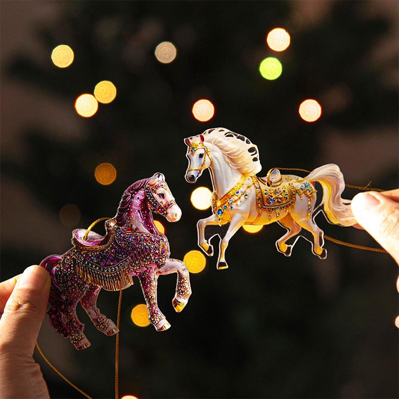 Tree Christmas Horse Hanging Ornaments 2D Acrylic Horse Car Rearview Mirror Pendant Xmas Drop Ornaments Home Navidad Decor Gift