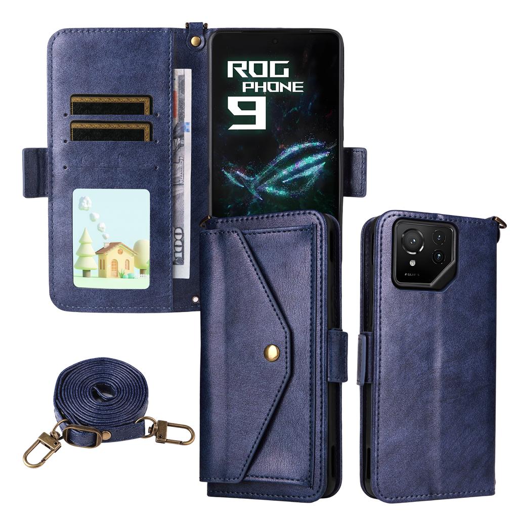For Asus ROG Phone 9 5G/9 Pro 5G Leather Case Magnetic Closure Wallet Stand Phone Cover with Crossbody Strap