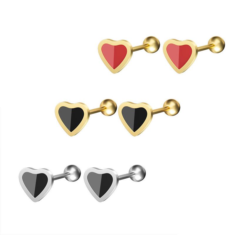 Fashion Enamel Heart Mini Earrings Stainless Steel High Grade Geometric Screw Small Stud Ear Jewelry Party Gifts For Women Girls