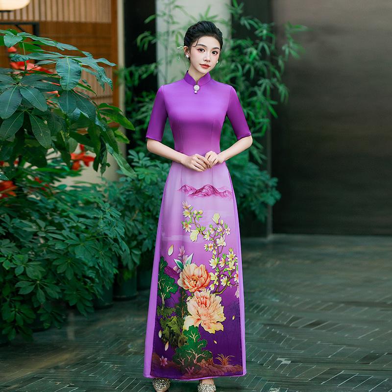 1011 new Vietnamese Aodai catwalk cheongsam high-end atmospheric improved version of Chinese style stage performance dress purple