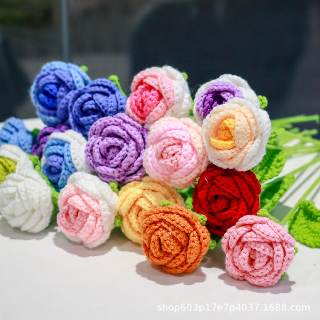 Knitting Flower Rose Tulips Daisy Single Bouquet Simulation Flower Home Decoration Wedding Hand-Knitted Crochet Fake Floral Gift