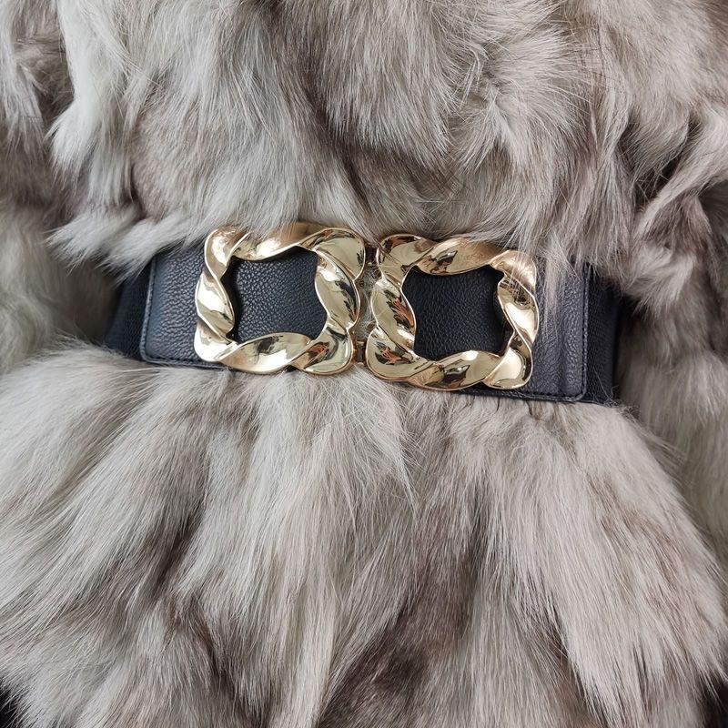 Gold Square Buckle Belt Women's Wide Decorative Jacket with Skirt Sweater Belt Elastic Simple Versatile Waist Seal Accessories Black