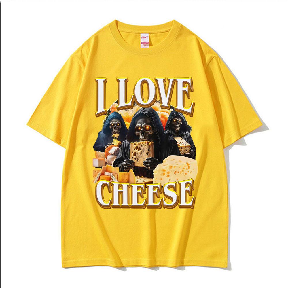 Funny Vintage Skeleton I Love Cheese Meme T Shirts Gothic Graphic T-shirts Men's Women Summer Crewneck Cotton T-shirt Streetwear