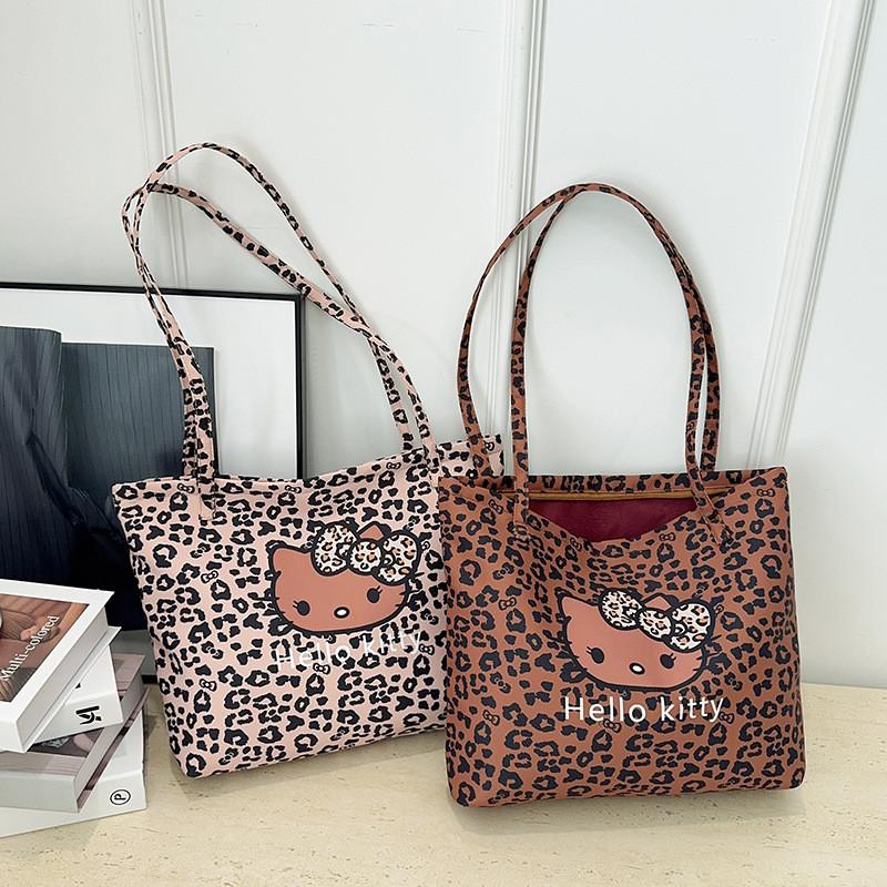 Hello Kitty Leopard Print Canvas Girls Shoulder Bag With Breathable Lightweight Fabric For School And Daily Use