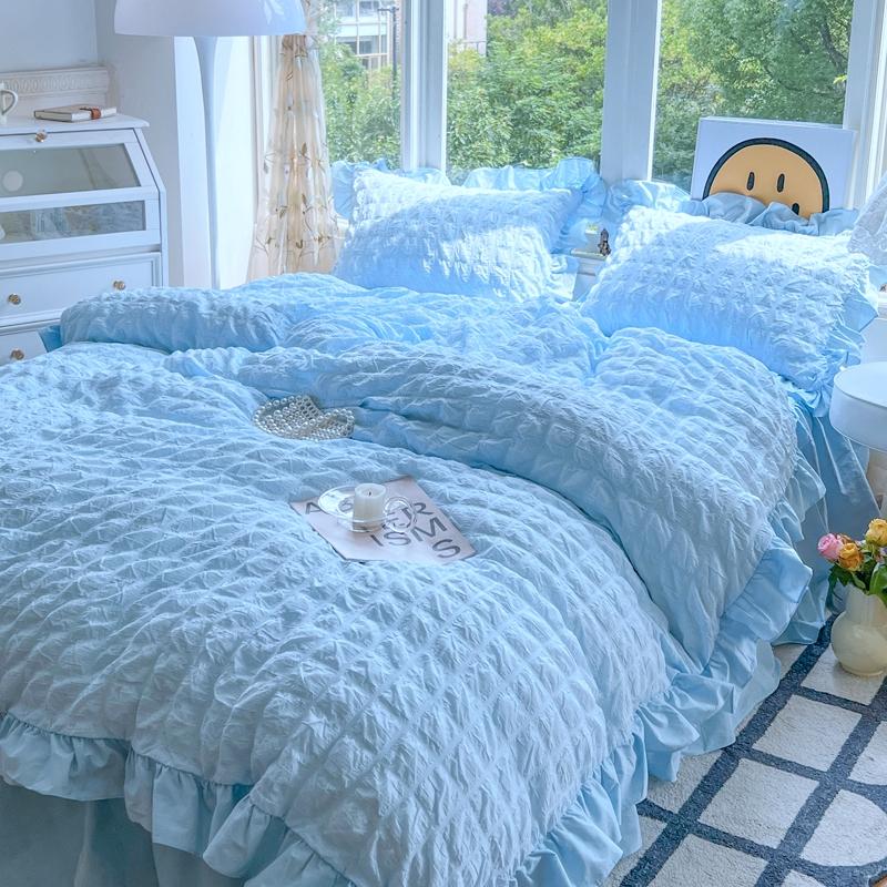

Комплект постельного белья в корейском принцессном стиле с кружевами и оборками, приятный к коже, мягкий, из сеерсака, комплект пододеяльника, простыня или юбка для кровати, наволочки Single 150x200 3pcs синий