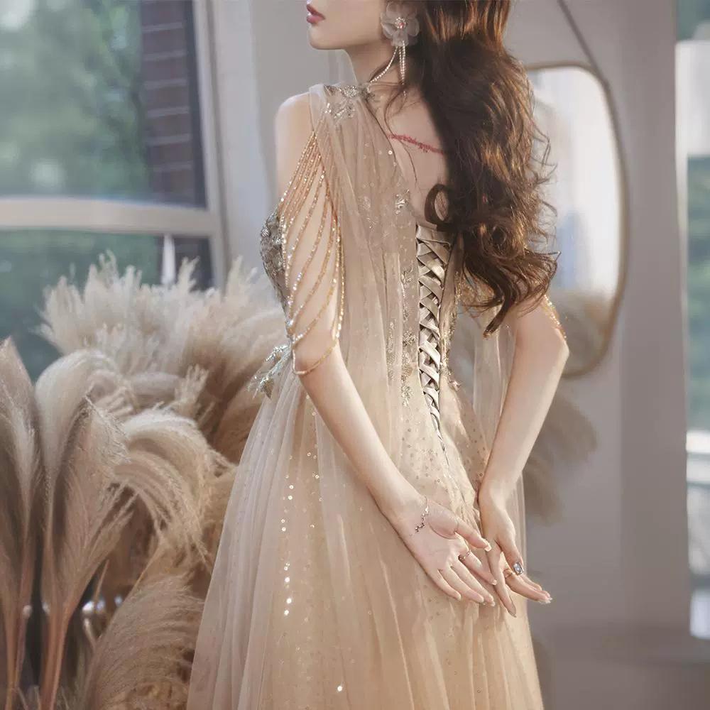 Champagne evening dress 1011 new summer art examination female student banquet annual meeting fringed officiating dress skirt