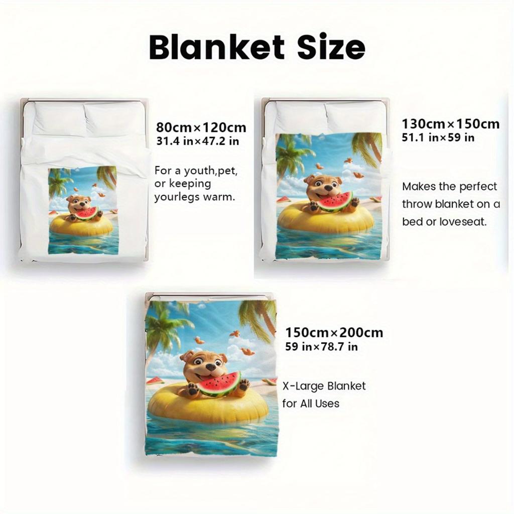 Summer Dog Watermelon Beach Scene Flannel Blanket Soft Throw Bed Cover Cute Pet Design Tropical Vacation Theme Kids Gift