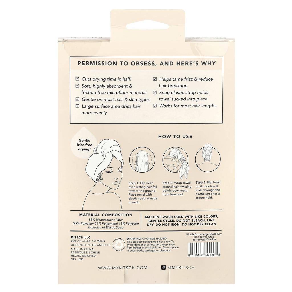 Kitsch Quick-drying Hair Towel Wrap, Extra Large, Terracotta Checker, 1 Piece