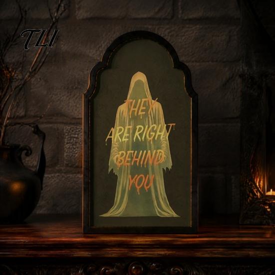 Lighted Wall Decor Light Up Ghost Mirror, Arched Wooden Frame Ghost/Grim Reaper Halloween Creepy Desktop Mirror Soft Ambient Decorative for