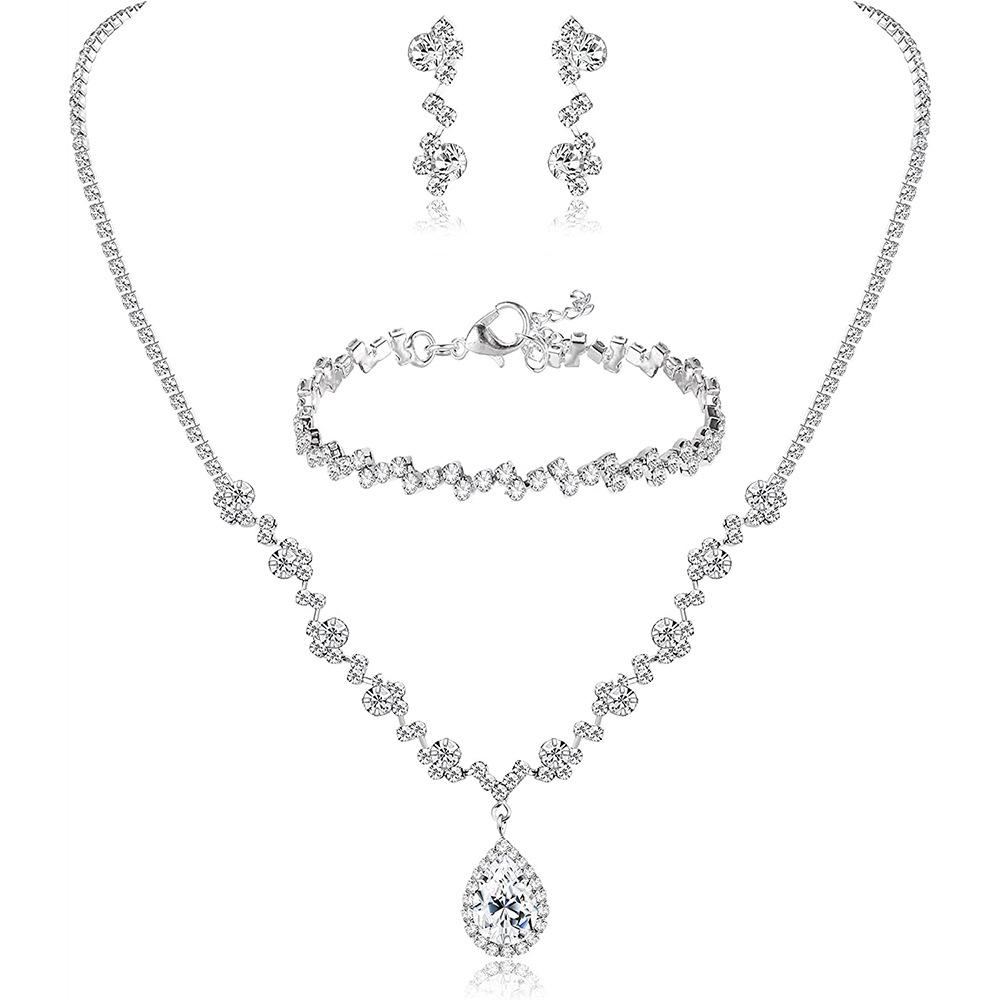 Bridesmaids Ball Outfit Rhinestone Jewelry Set Bridal Wedding Metal Zircon Water Drop Wave Necklace Earrings Bracelet