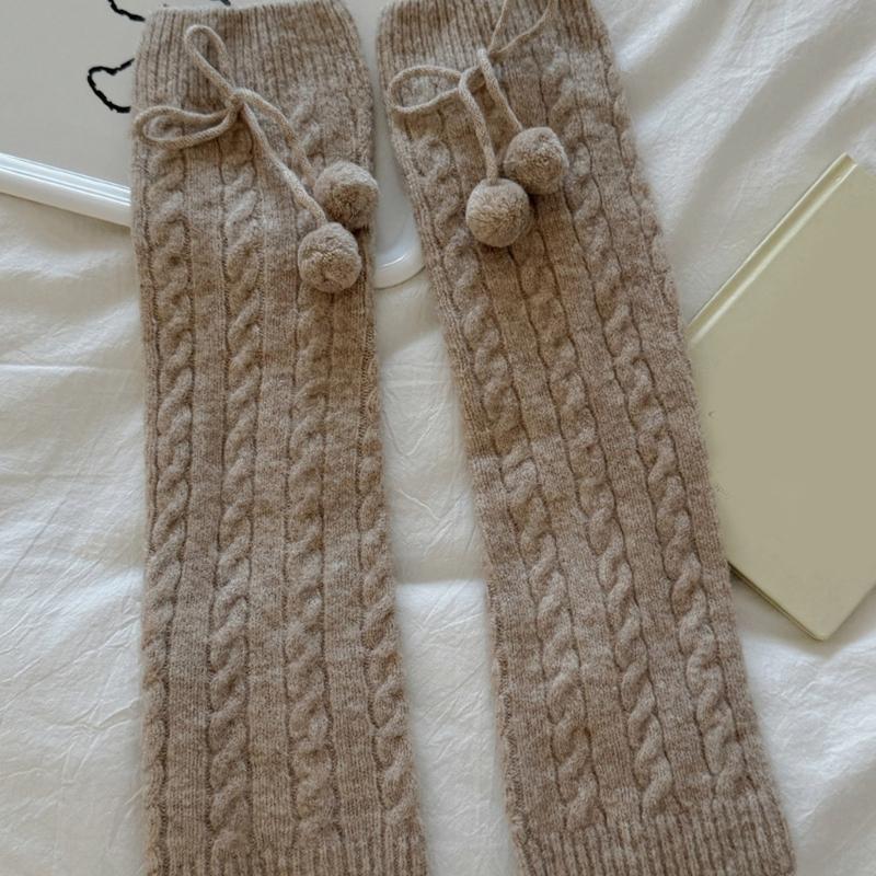 Fashionable Plush Balls Bows Adorned Leg Warmers for Women's Cable Knitted Stretchy Leg Covers Sleeves Calf Socks