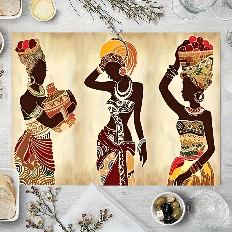 4PC Ethnic African Woman Placemats Linen Material, Perfect for Festive Table Settings  coffee table decor 30x45cm-4PC