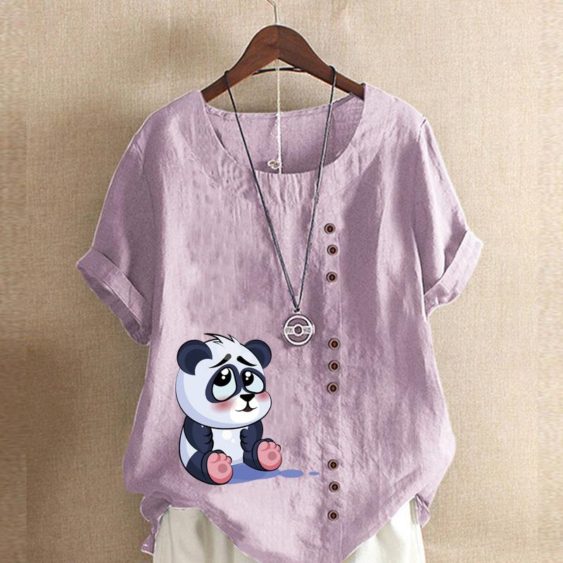 Women's Fashion Summer Round Neck Short Panda Prined Sleeve T-shirt Casual Cotton Linen Graphic Shirt Leisure Loose Blouse Tops Plus Size