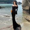 French One-word Shoulder Red Lace Dress Women's High-end Feeling Waist Thin Fishtail Dress Dress Dress Super Fairy