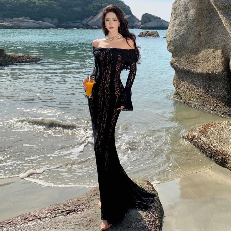 French One-word Shoulder Red Lace Dress Women's High-end Feeling Waist Thin Fishtail Dress Dress Dress Super Fairy