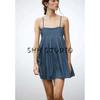 Spring and Summer New Women's Clothing Ins Style Wide Pleated Decoration Denim Straight Collar Camisole Short Dress 0250080