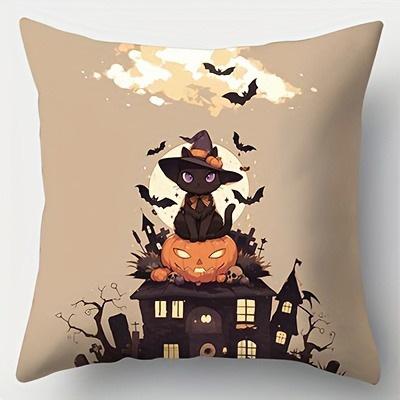 Home Decor Cute Black Cat With Pumpkin Halloween Pillow Pattern Cushion Cover Suitable For Sofa Bedroom Car Pillow Cover