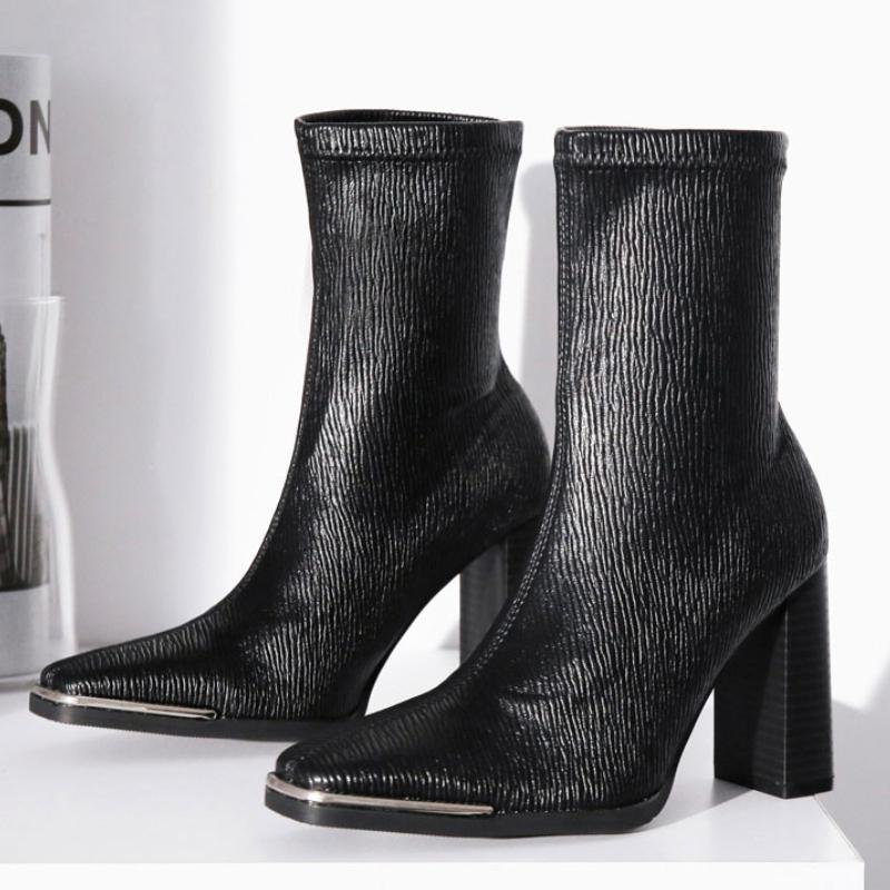 

Модные ботильоны с зебровым принтом для женщин, осенние новинки, дизайн с металлическим носком, высокие каблуки, элегантные ботинки на толстом каблуке, стрейч-ботинки де мухер 35 чёрный