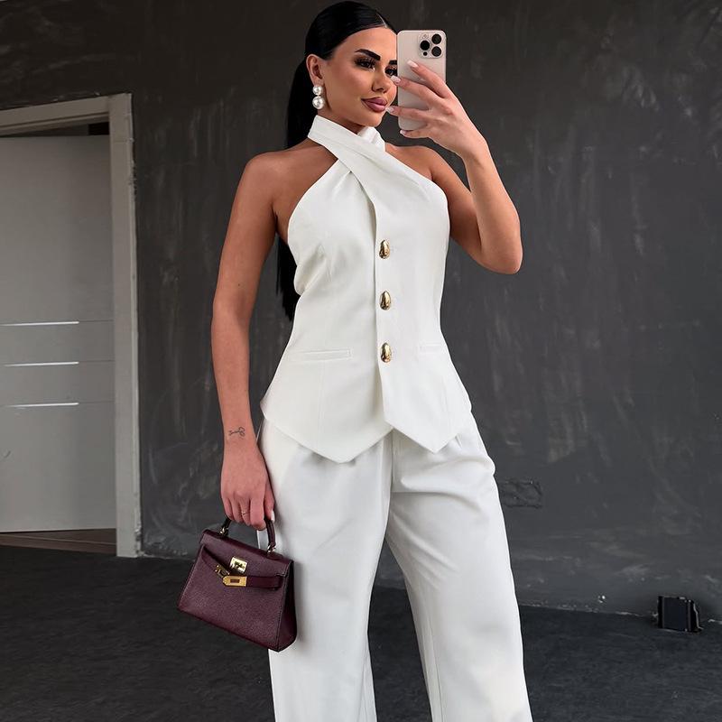 2025 Summer Women's Halter Top & High Waist Long Pants Set - European & American Style