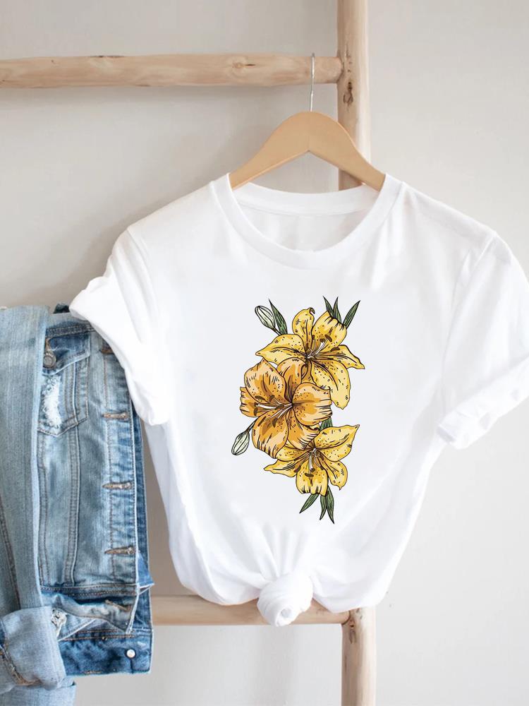 Women's Short-sleeved T-shirt, Fashionable Flower Print Bottoming Shirt