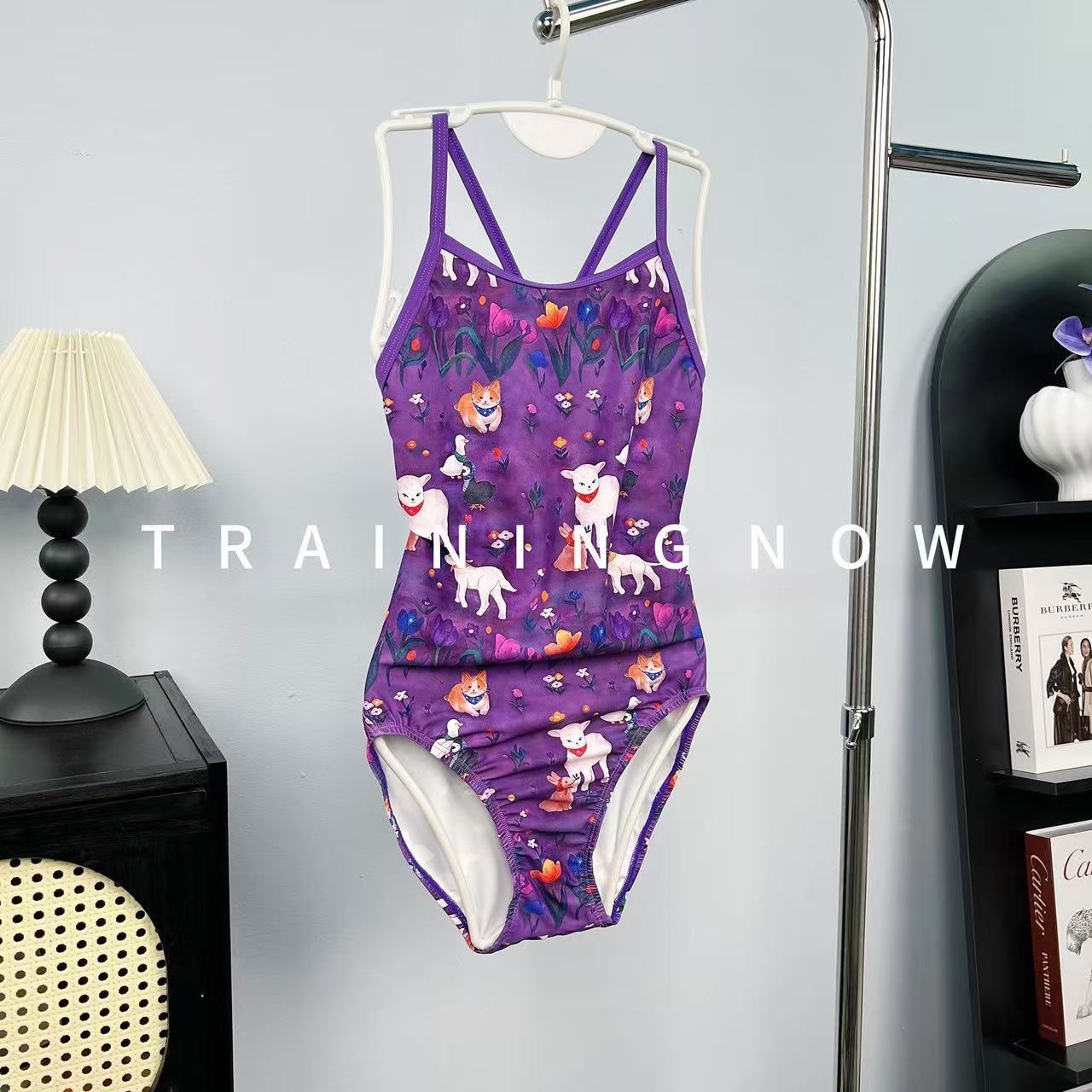 Single-layer purple lamb one-piece racing swimsuit swimming pool sports swimsuit cute swimsuit M