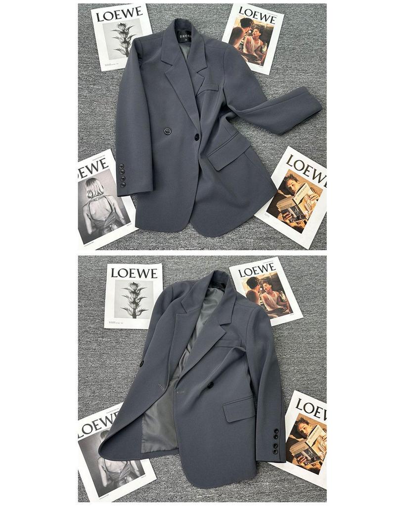 Women's Petite Gray Loose Two-Piece Suit Jacket Set - Early Spring 2025 Casual Blazer