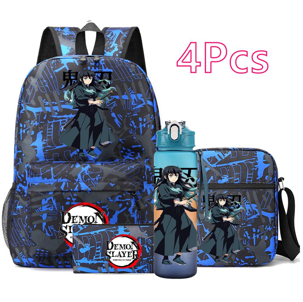 4 Pezzi/set Zaino Stampato Anime Demon Slayer Grande Capacità Borsa per Libri Borsa a Spalla Custodia per Borsa con Borraccia da 750ml Ragazzo Ragazza Zaino Impermeabile