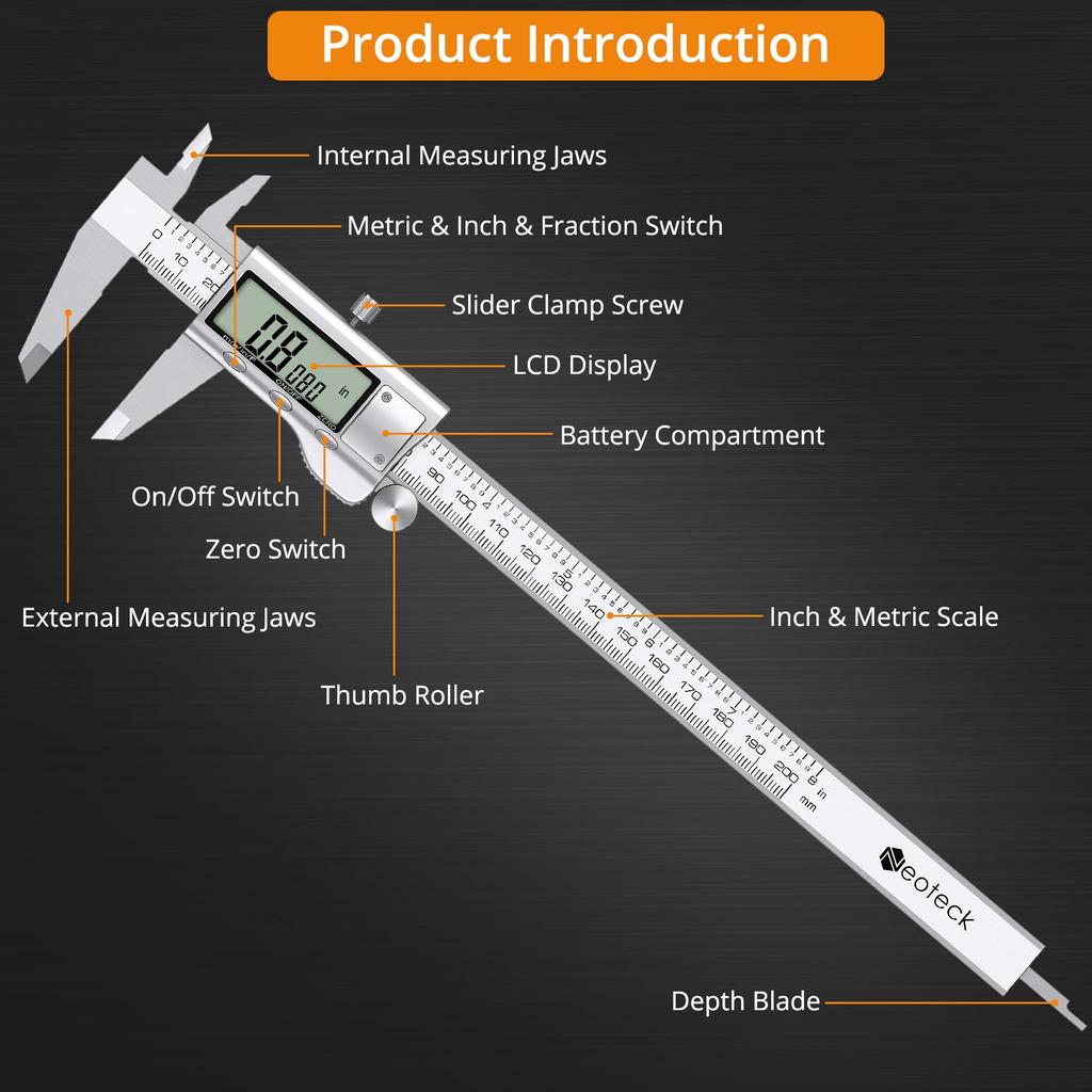 Neoteck 200mm Stainless Steel Digital Caliper with Three Zero Reset for Measuring External and Internal Diameters and Steps Units, Function,