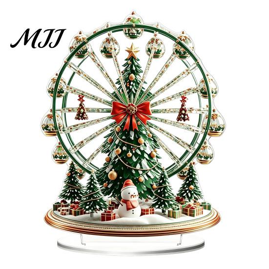 Ferris Wheel Display 2D Acrylic Christmas Tabletop Decoration, Festive Village Scene Ornament Playground Theme with Snowman & Trees, Holiday