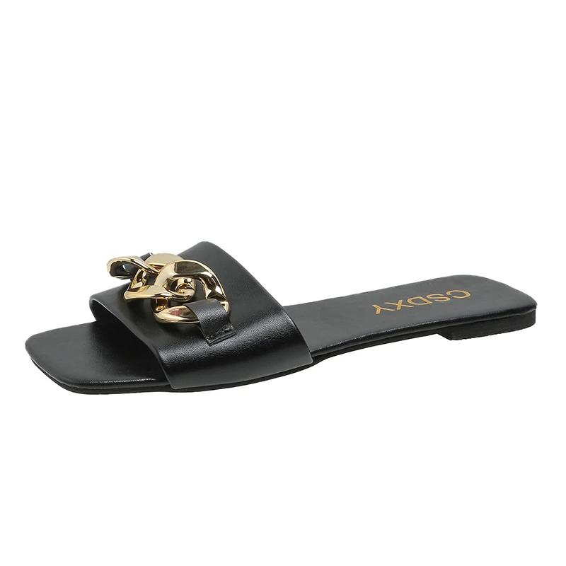 Fashion New Chain Women Slippers Summer Slippers Low Heel Women's Sandals Indoor Bathroom Outdoor Walk Fashion Show Plus Size 35-42