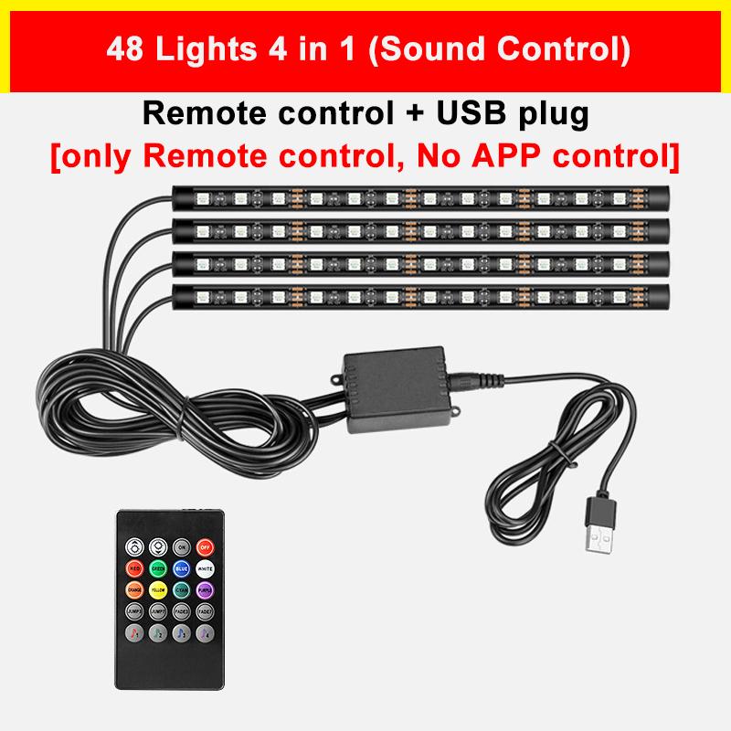 

Светодиодная лента для подсветки ног в салоне автомобиля, комплект неоновой подсветки с дистанционным управлением музыкой через USB-приложение, декоративные лампы RGB