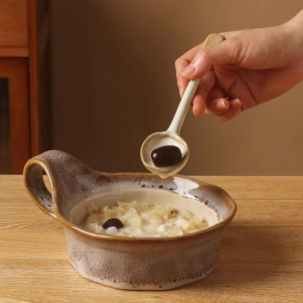 4PCS Handmade Japanese Rustic Pottery Spoon Under-glaze Painting Dessert Spoon Soup Spoon  Kitchen