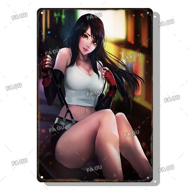 Sexy Anime Girl Metal Plate Game Figure Vintage Tin Sign Bar Club Art Decorative Plaques for Modern Home Room Wall Decor Poster