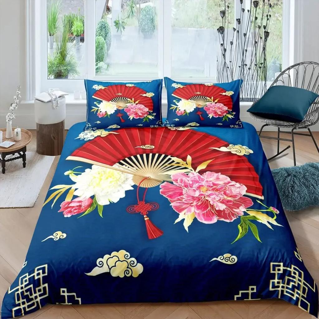 Japanese Style Duvet Cover Koi Fish Cherry Ukiyo-E Geisha Quilt Cover Sun Crane Polyester Japanese Culture Theme Bedroom Decor