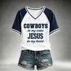 Women's Casual V-Neck Short Sleeve Tee with Football Team Print, Lightweight Breathable Summer Top