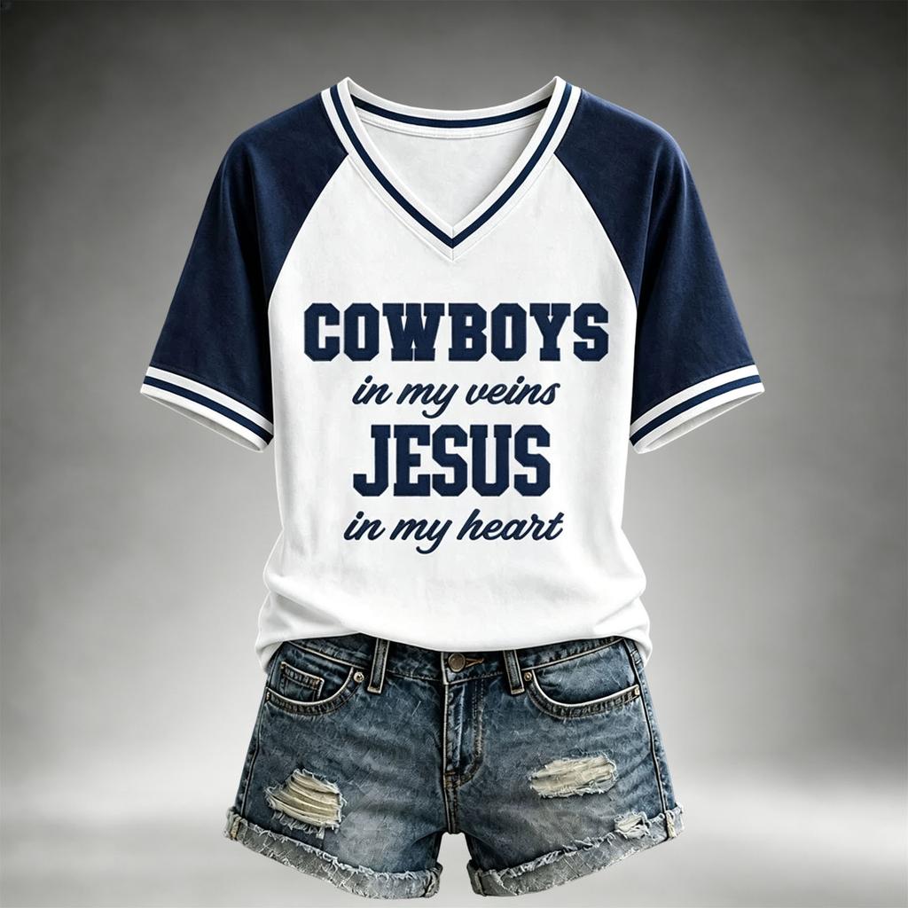 Women's Casual V-Neck Short Sleeve Tee with Football Team Print, Lightweight Breathable Summer Top