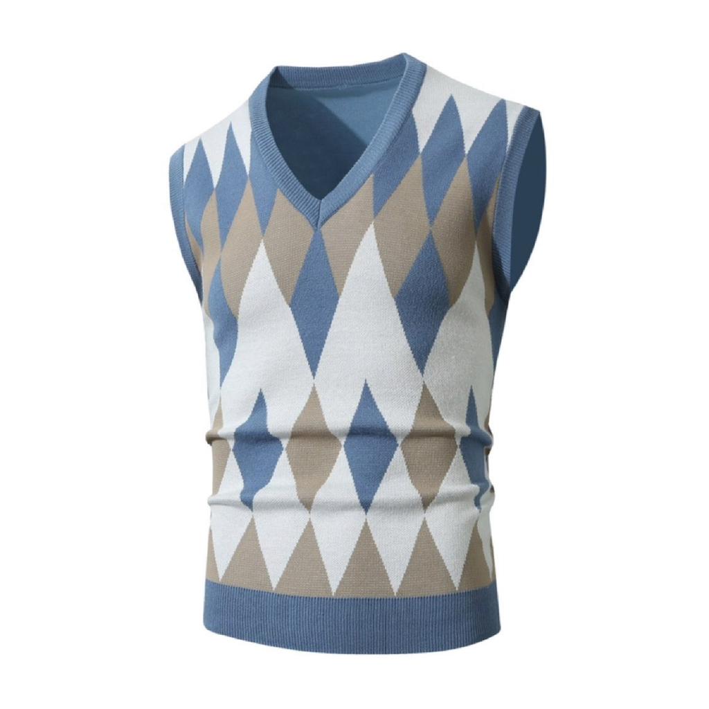 Men's Fashion V-Neck Sleeveless Knitted Vests Sweater Patchwork Color Casual Lined Vest Men's Tops