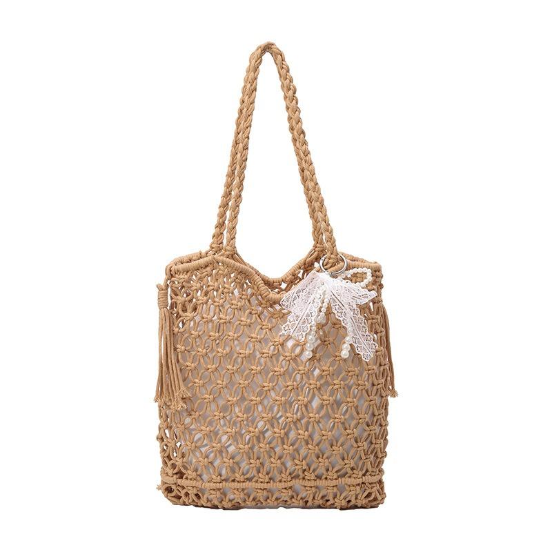 

Large capacity hollow hand-woven bag women s summer new vacation beach shoulder bag leisure bucket straw bag No pendant хакі