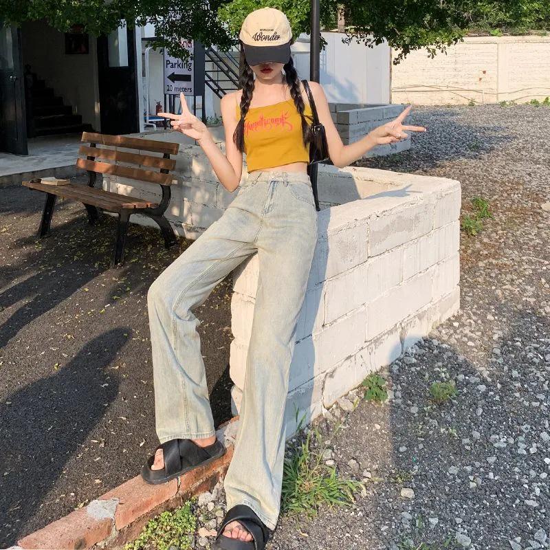 

High-Waist Retro Yellow Wide-Leg Jeans: Women s Loose, Slimming, Floor-Length L