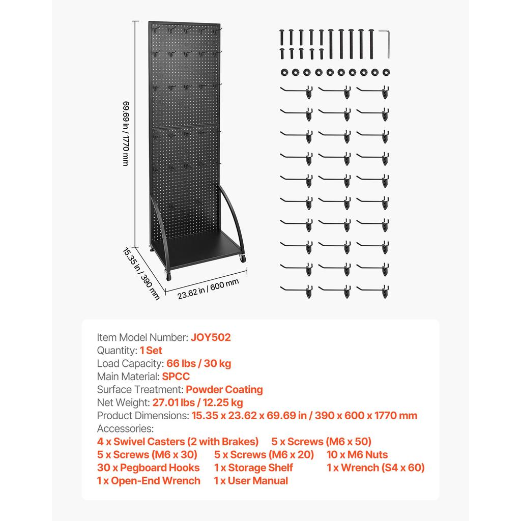 SucceBuy Standing Pegboard Display with Casters & 30 Hooks Thickened Steel Peg Board Panel for Retail Store Jewelry Shop