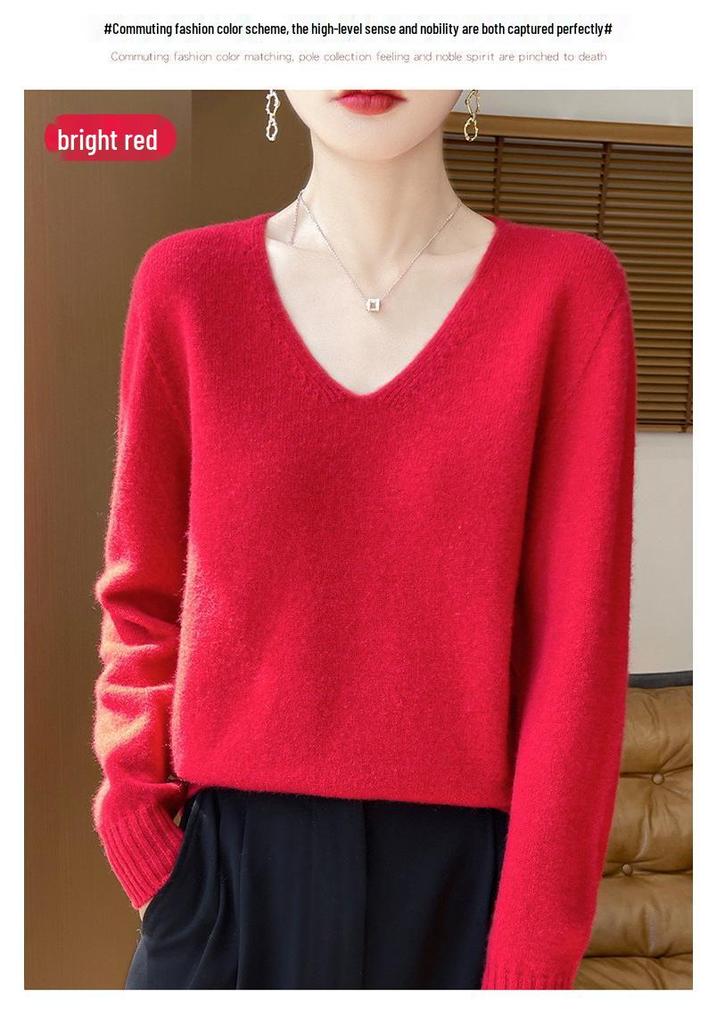 Women's V-Neck Thickened Wool Knit Sweater – 100% Pure Loose Fit