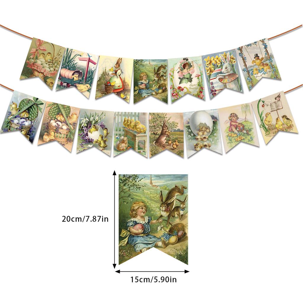 Retro Bunny Easter Banner Chick Printed Hanging Flag Rabbit Spring Bunting Easter Festival Bunting Party