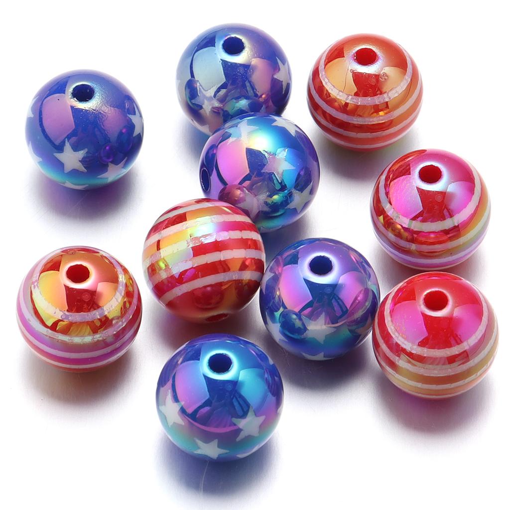 10Pcs 15.5mm Acrylic Plated UV Colored Beads Stripes Star Printed Loose Round Beads For DIY Phone Chain Jewelry Accessories