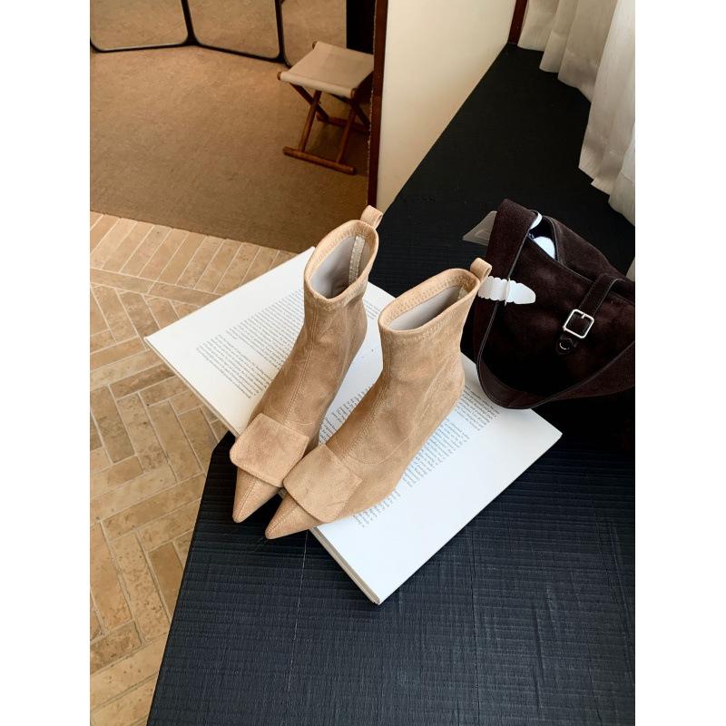2025 new autumn and winter French versatile pointed kitten heel buckle short boots elastic thin boots Korean version socks boots women